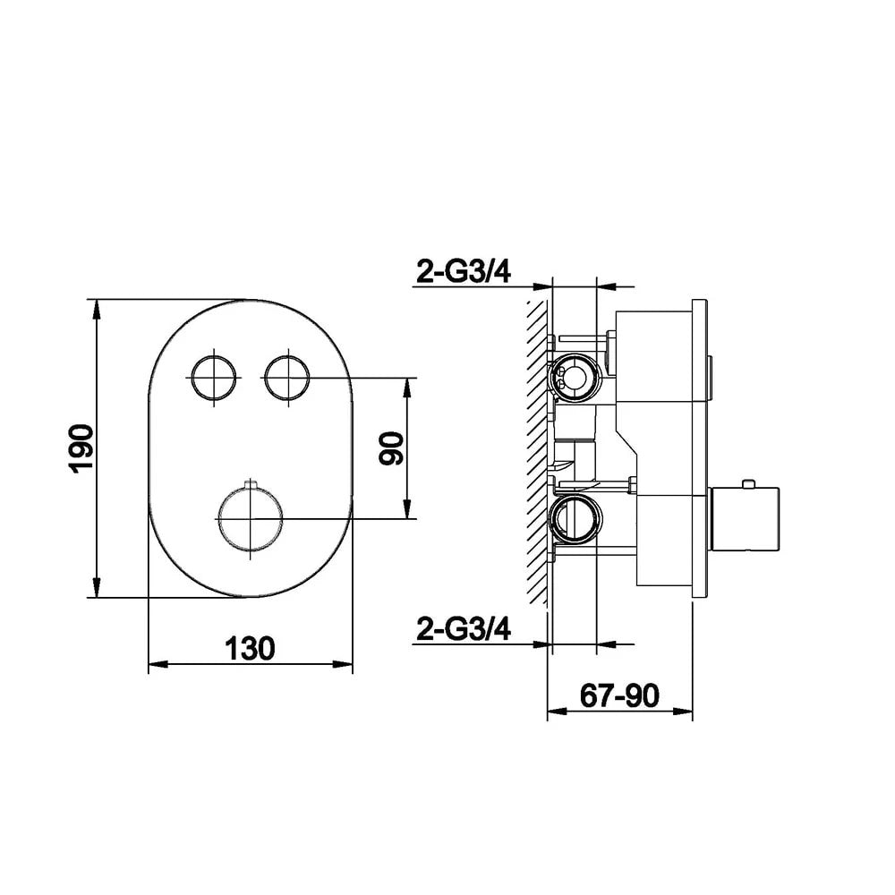 Concealed Thermostatic Shower Valve Chrome Push Button Twin Outlet Brass WRAS