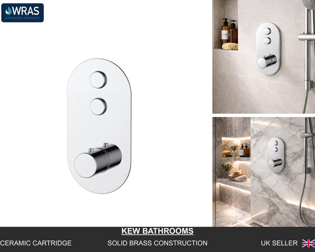 Concealed Thermostatic Shower Valve Chrome Push Button Twin Outlet Brass WRAS