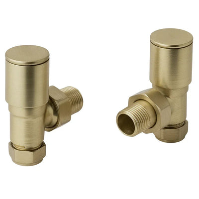 Angled Radiator Valve Pair Brushed Brass 1/2 BSP Manual Modern Round Handle