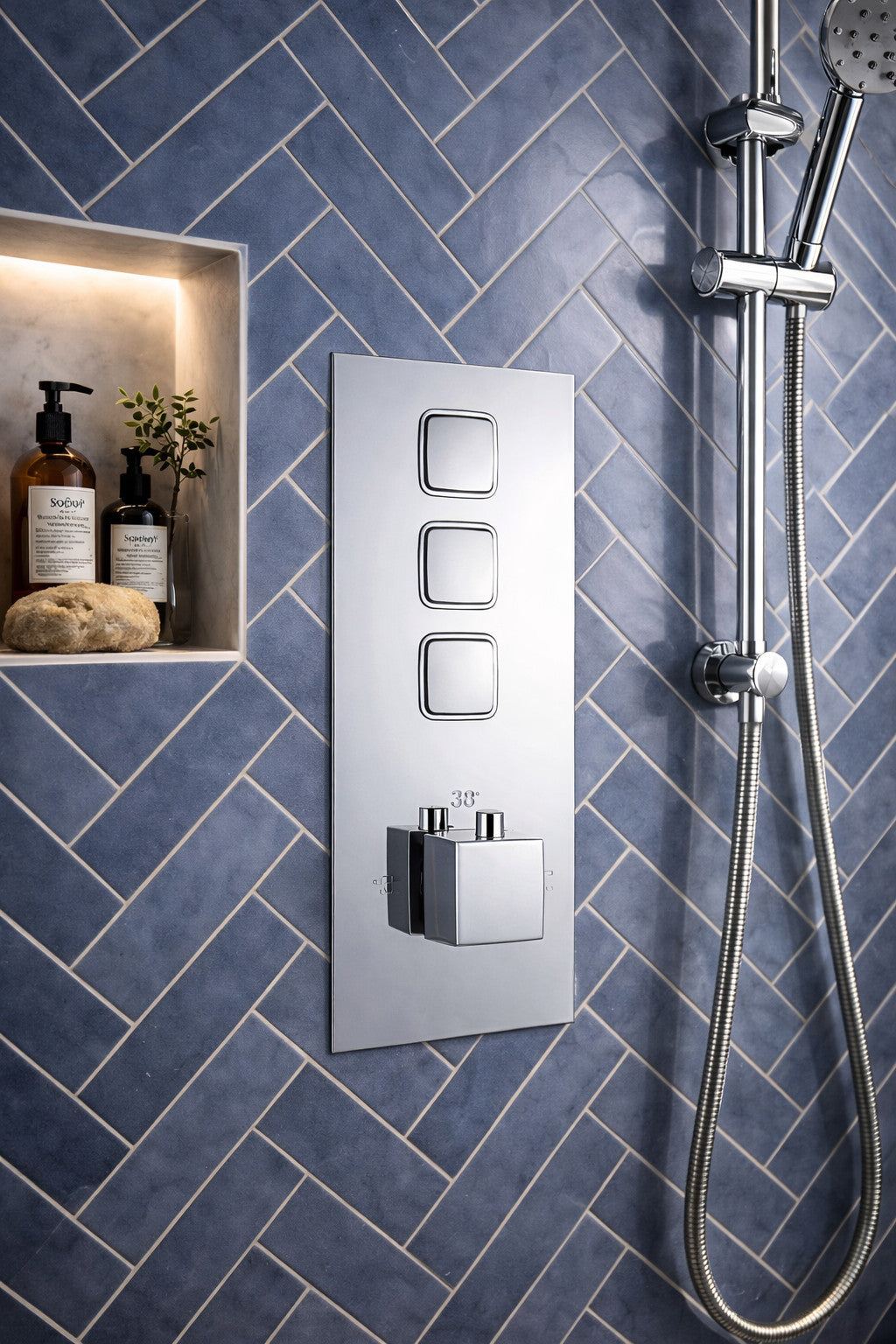 Square Concealed Thermostatic Shower Valve Chrome Push Button Triple Outlet WRAS