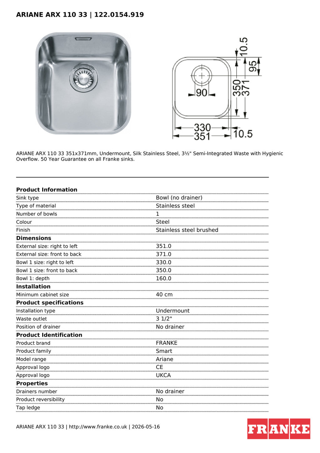 Franke Ariane ARX 110-33 Undermount 1 Bowl Stainless Steel Kitchen Sink — view 4