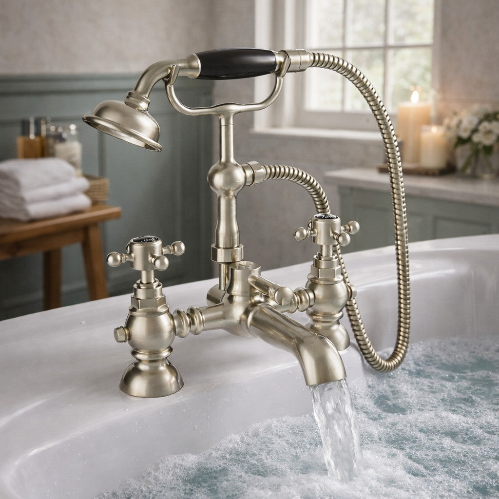 Traditional Bath Shower Mixer Tap Crosshead Brushed Nickel WRAS Deck Mounted