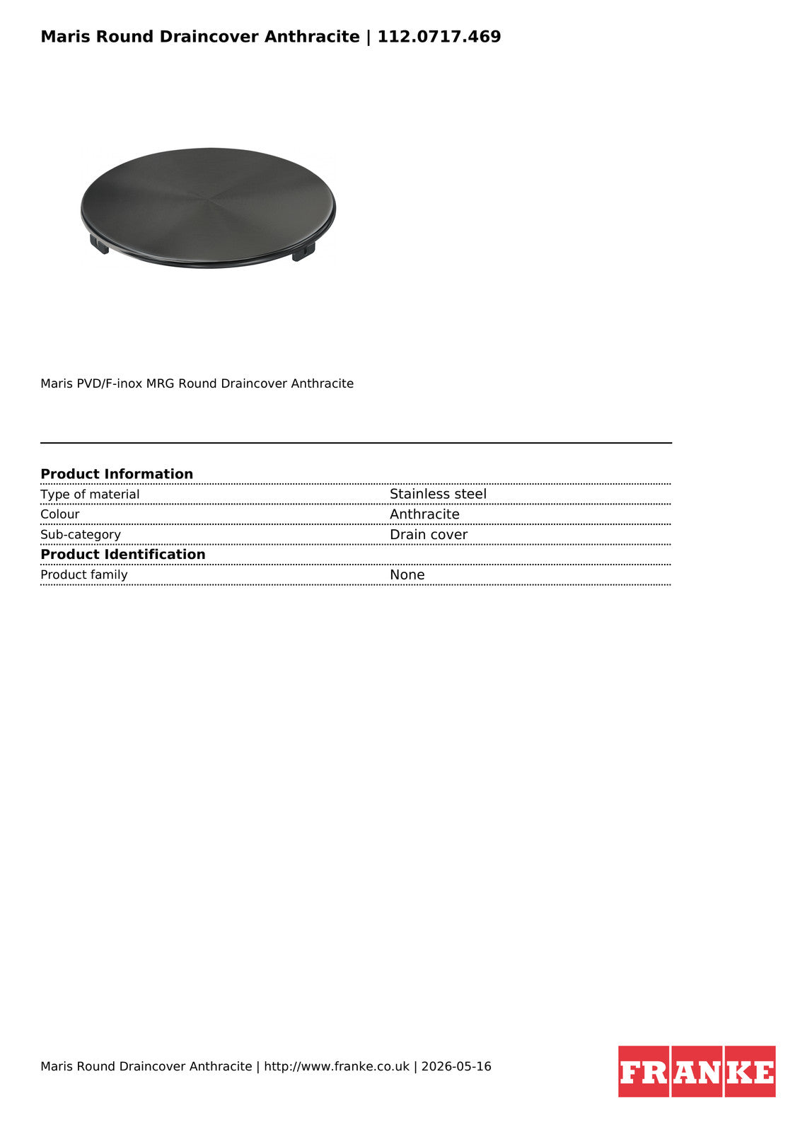 Franke Maris Round Drain Cover Anthracite Stainless Steel PVD Kitchen Sink — view 4