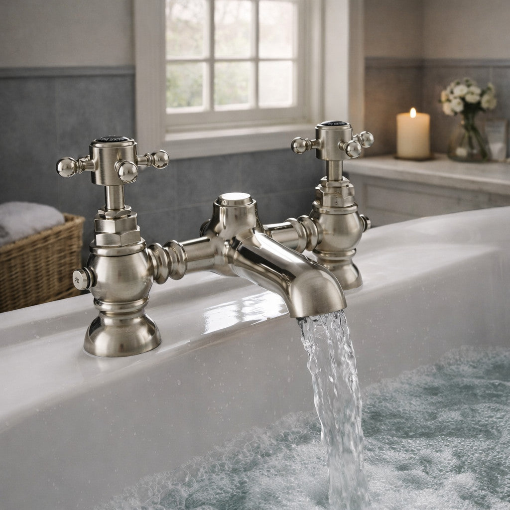 Traditional Bath Filler Tap Brushed Nickel Crosshead Ceramic Valve WRAS Brass