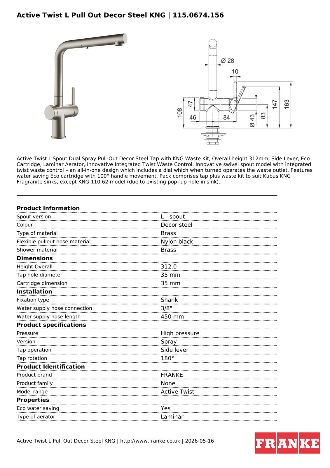 Franke Active Twist Decor Steel Pull Out Kitchen Tap Brass L-Spout KNG — view 4