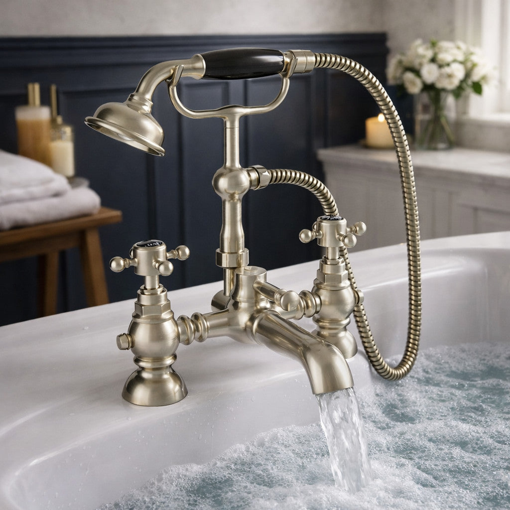 Traditional Bath Shower Mixer Tap Crosshead Brushed Nickel WRAS Deck Mounted