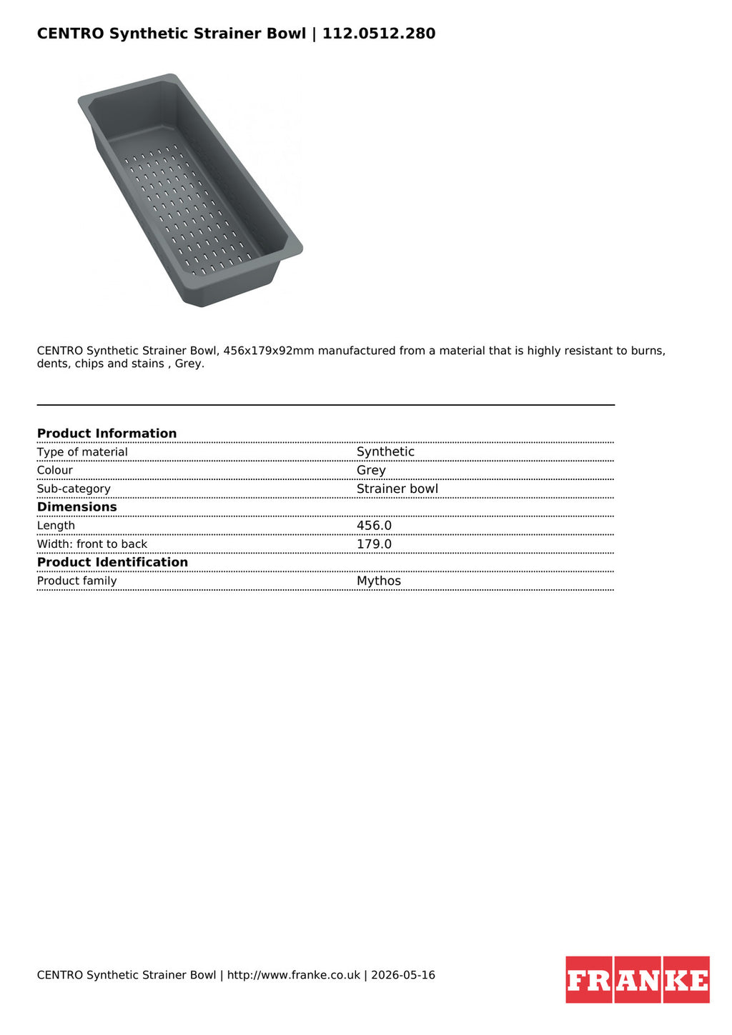 Franke Centro Synthetic Strainer Bowl Grey 456mm Kitchen Sink 112.0512.280 — view 3