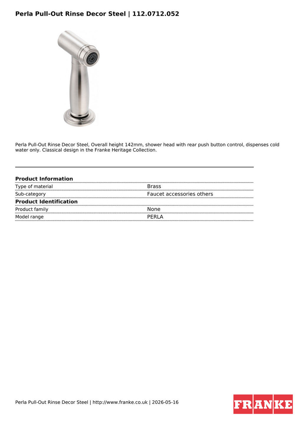 Franke Perla Pull-Out Rinse Spray Decor Steel Brass Kitchen Tap Accessory — view 4