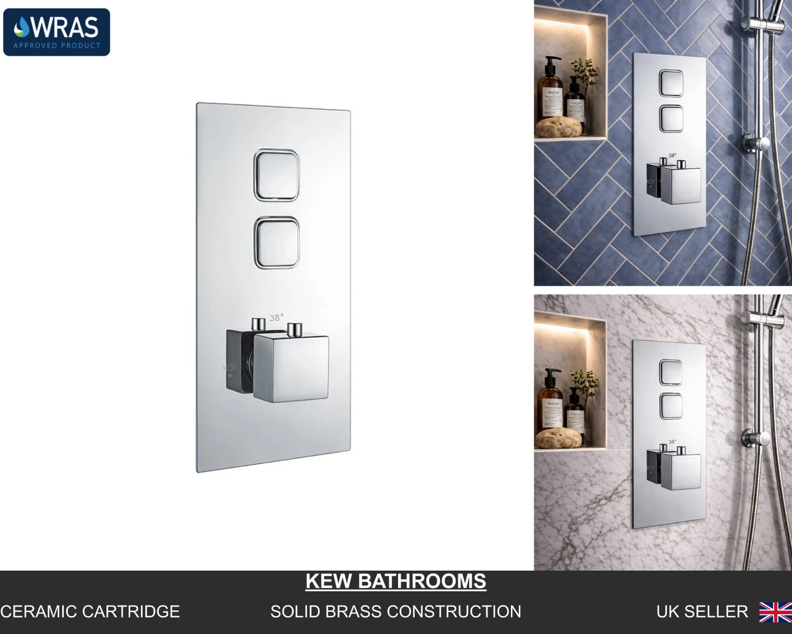 Square Concealed Thermostatic Shower Valve Chrome Push Button Twin Outlet WRAS