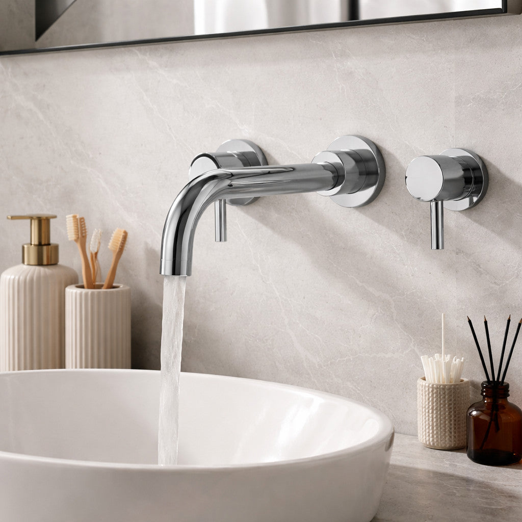 Wall Mounted Basin Mixer Tap Chrome Dual Lever WRAS Bathroom Brass