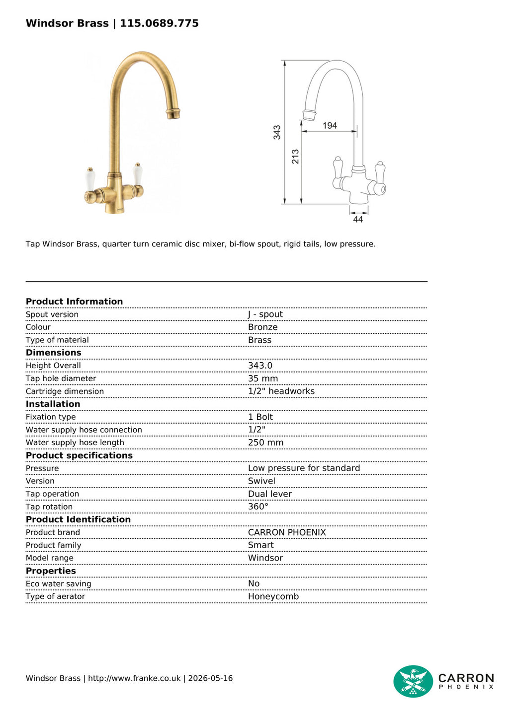 Carron Phoenix Windsor Bronze Kitchen Tap White Handles Traditional Bridge — view 4