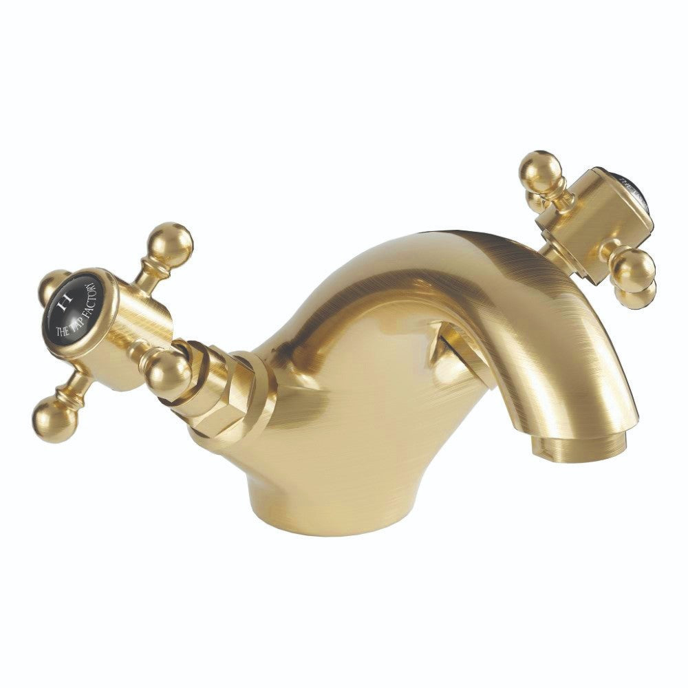 Traditional Twin Handle Basin Mixer Tap Brushed Brass Inc Waste WRAS Brass