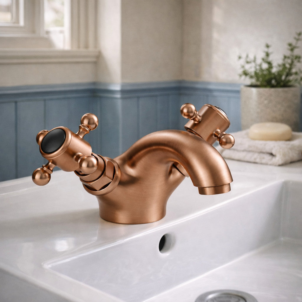 Traditional Twin Handle Basin Mixer Tap Brushed Copper Inc Waste WRAS Brass