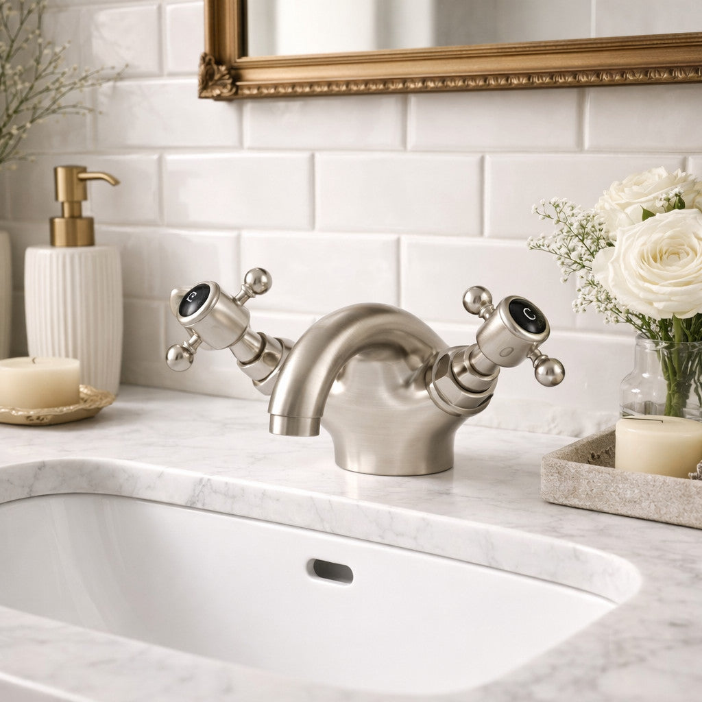 Traditional Twin Handle Basin Mixer Tap Brushed Nickel Inc Waste WRAS Brass