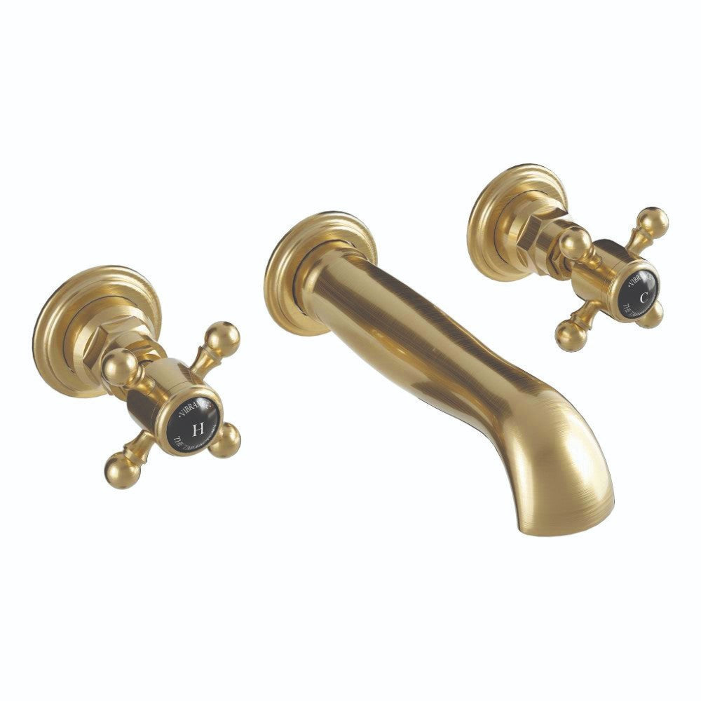 Traditional Wall Mounted Basin Mixer Tap Brushed Brass Crosshead Ceramic WRAS