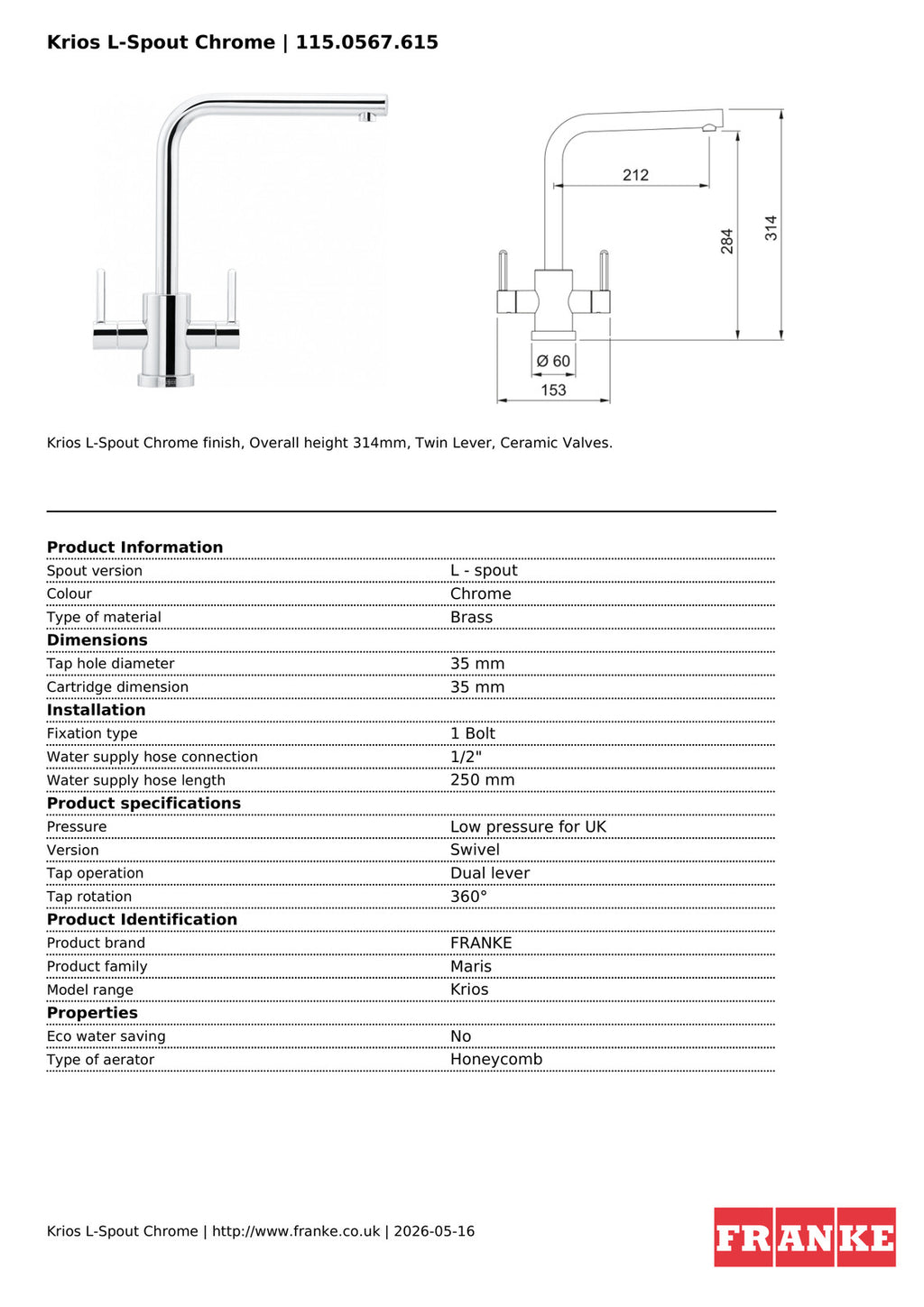 Franke Krios Chrome Dual Lever Kitchen Tap Brass L-Spout Swivel — view 3