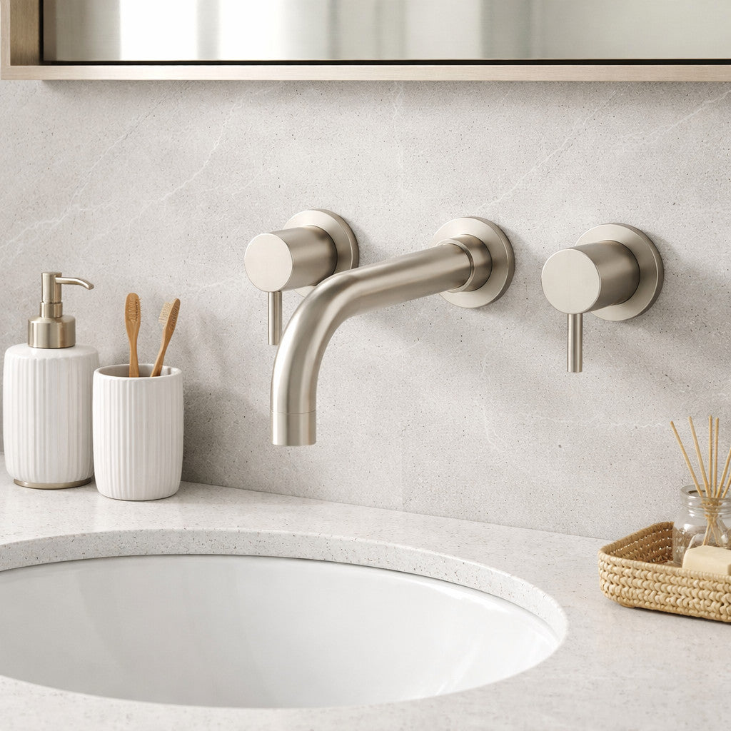 Wall Mounted Basin Mixer Tap Brushed Nickel Dual Lever WRAS Bathroom Brass