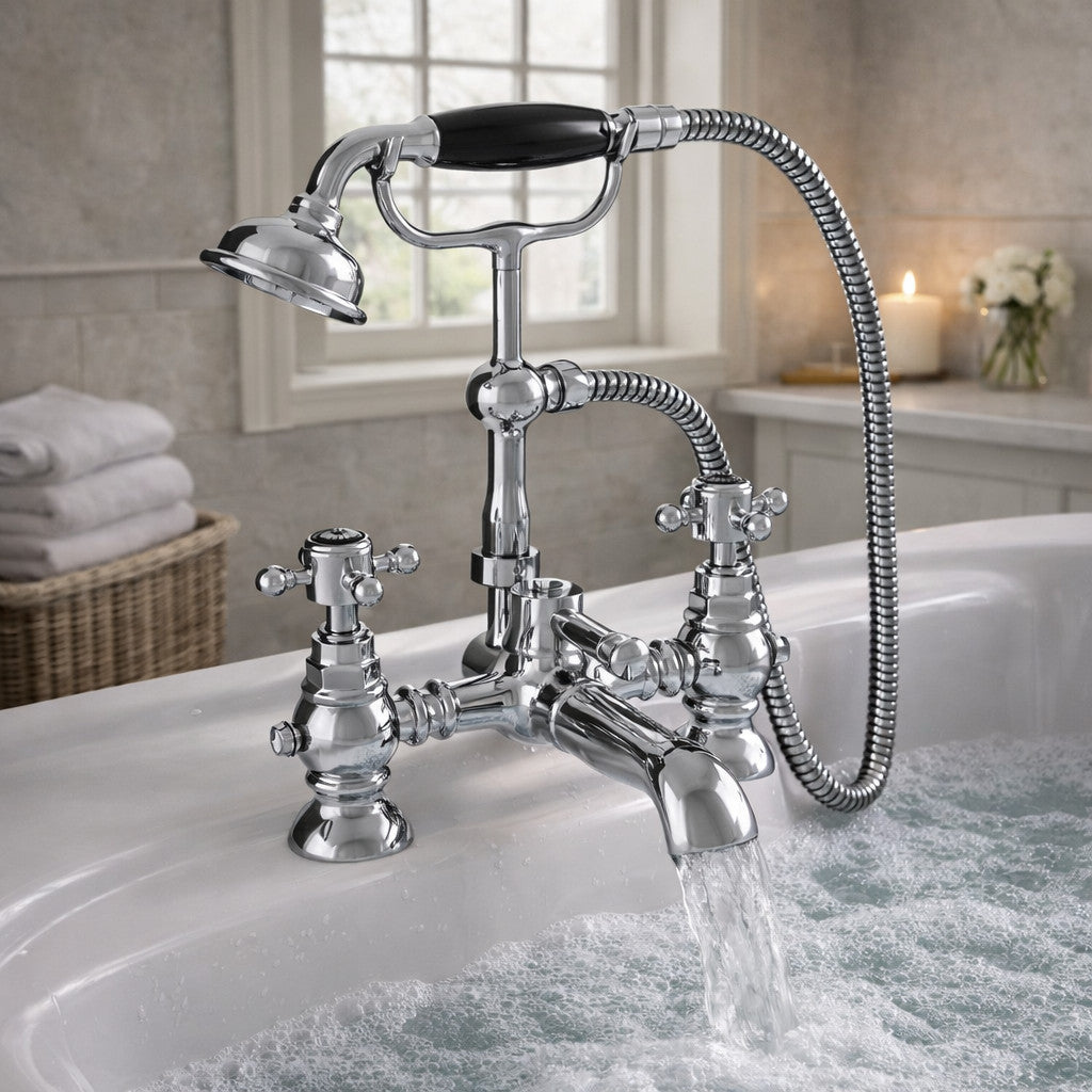 Traditional Bath Shower Mixer Tap Crosshead Chrome WRAS Deck Mounted Brass