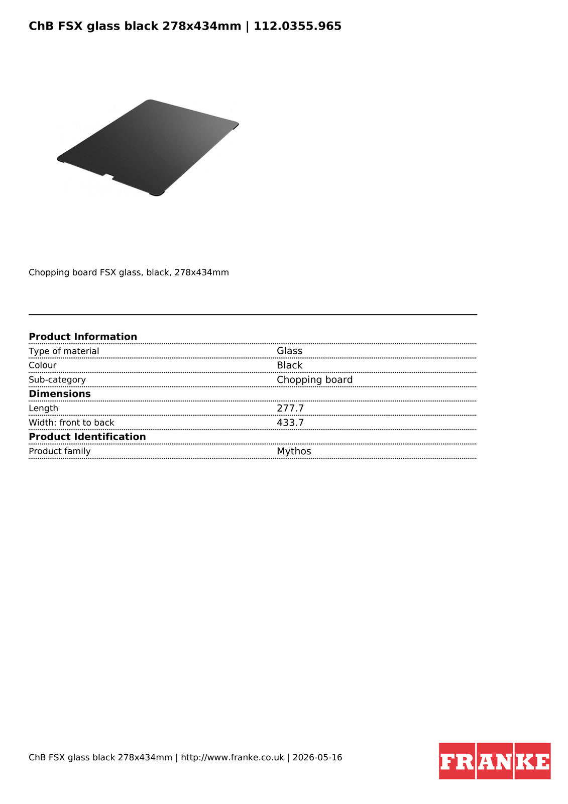 Franke Mythos Chopping Board Tempered Glass Black 278x434mm Kitchen Sink — view 3