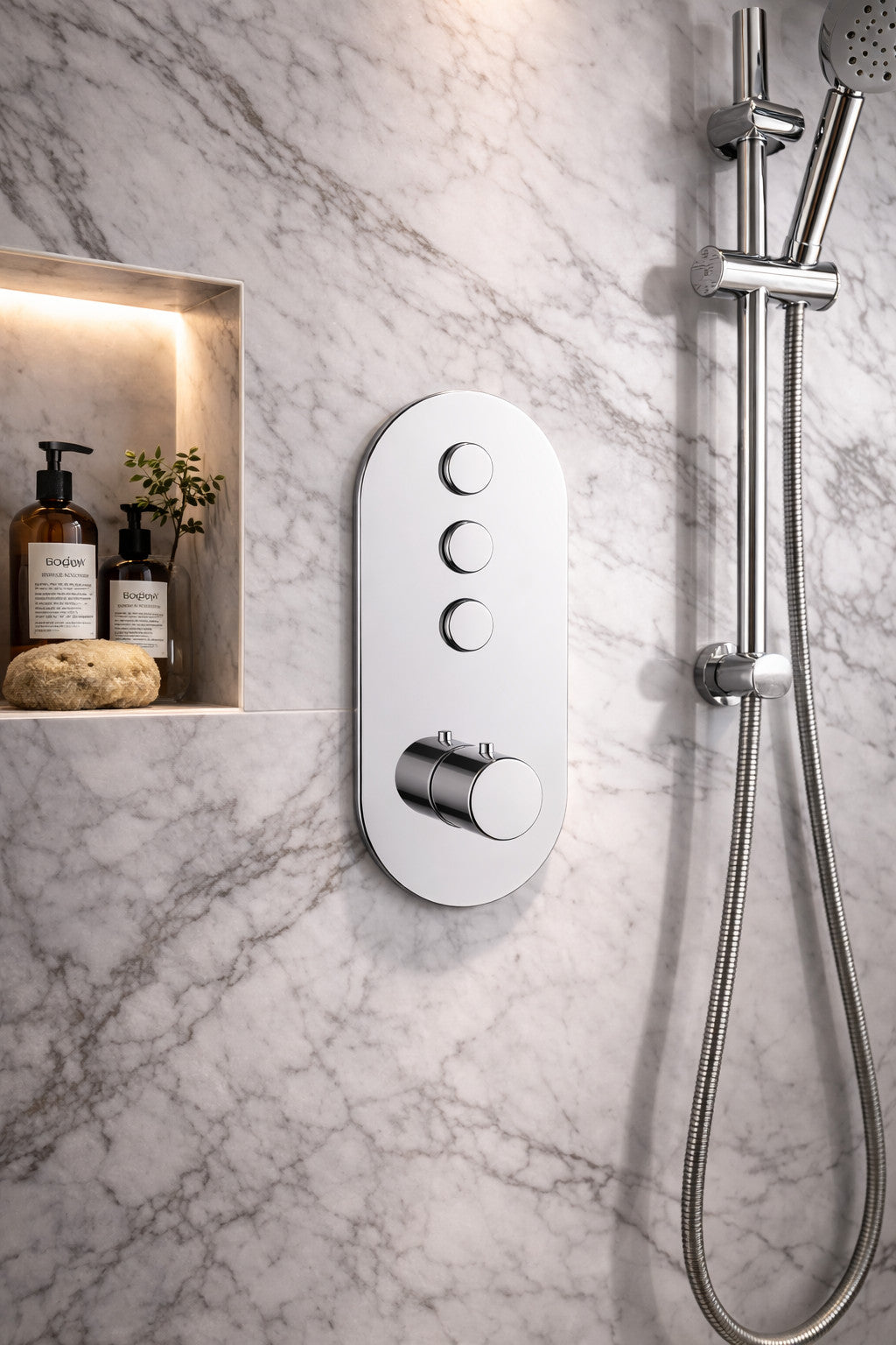 Concealed Thermostatic Shower Valve Chrome Push Button Triple Outlet Brass WRAS