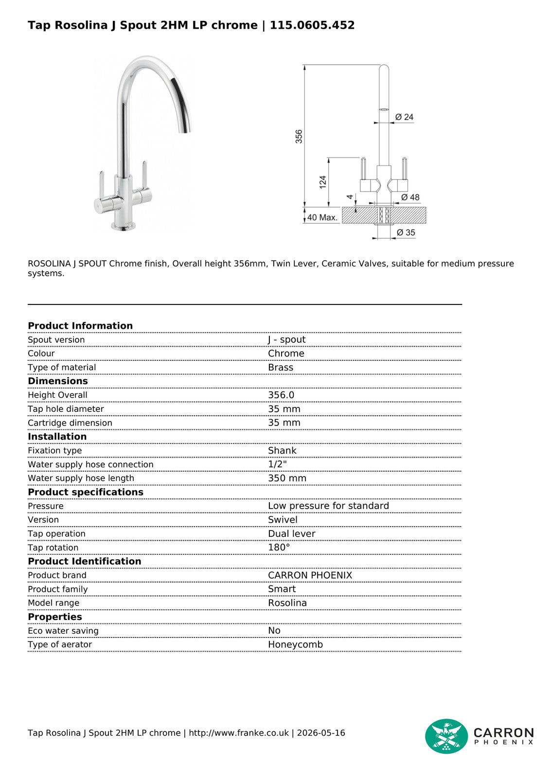 Carron Phoenix Rosolina Chrome Single Lever Kitchen Tap J-Spout Swivel — view 4