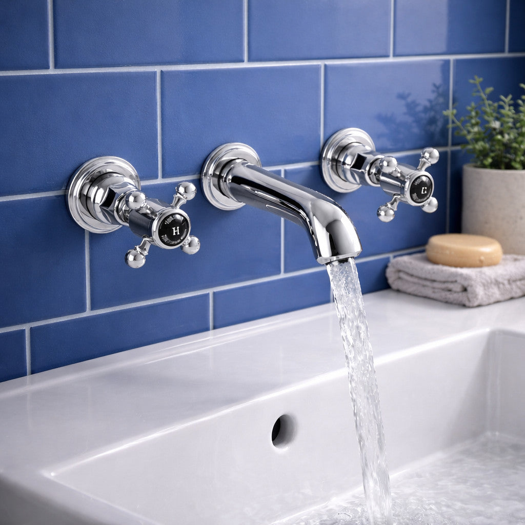 Traditional Wall Mounted Basin Mixer Tap Chrome Crosshead Ceramic Valve WRAS