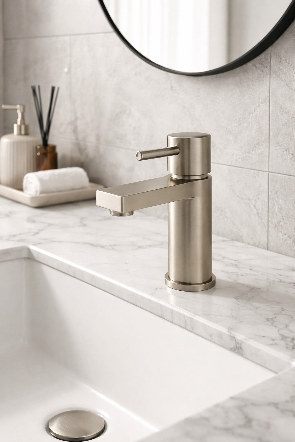 Basin Mixer Tap Brushed Nickel inc Waste Single Lever WRAS Bathroom Sink