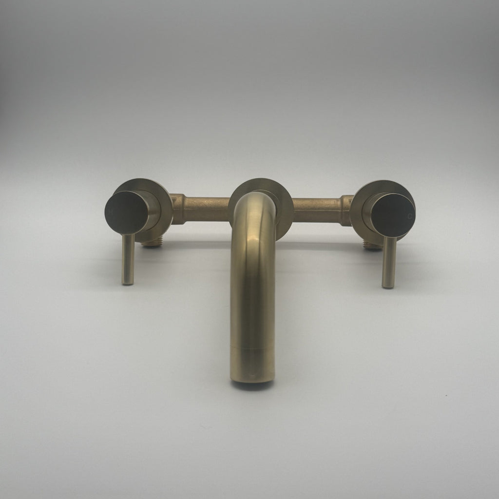 Kew Wall Mounted Basin Mixer Tap Brushed Brass Dual Lever WRAS Bathroom