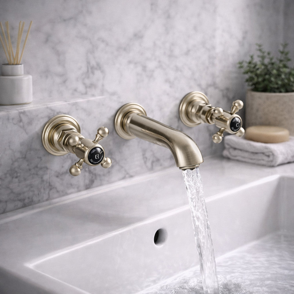 Traditional Wall Mounted Basin Mixer Tap Brushed Nickel Crosshead Ceramic WRAS