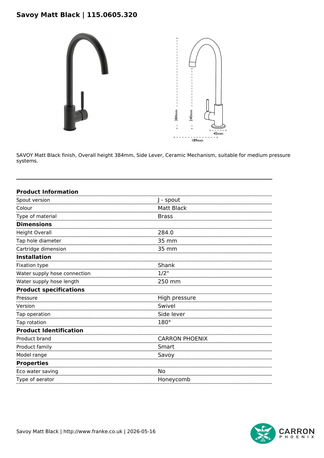 Carron Phoenix Savoy Plus Matt Black Single Lever Kitchen Tap Swivel Spout — view 4