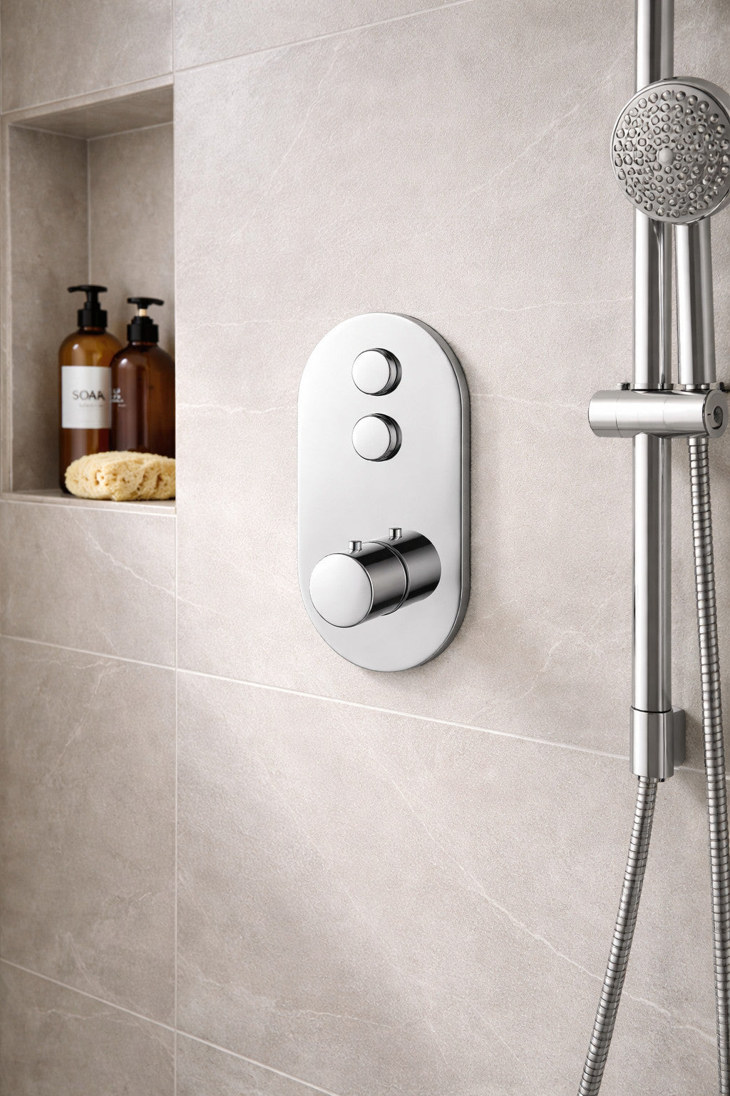 Concealed Thermostatic Shower Valve Chrome Push Button Twin Outlet Brass WRAS