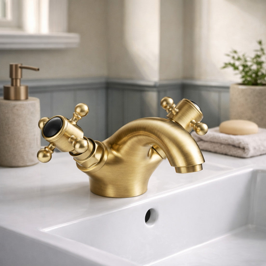 Traditional Twin Handle Basin Mixer Tap Brushed Brass Inc Waste WRAS Brass