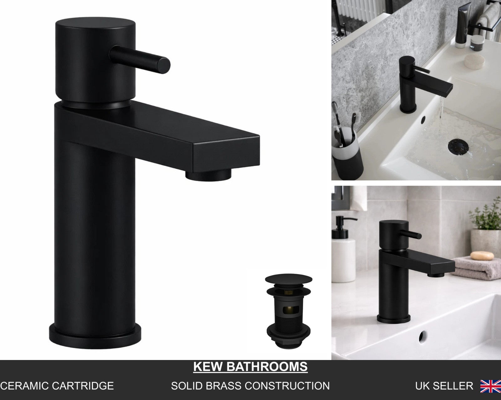 Basin Mixer Tap Matt Black inc Waste Single Lever WRAS Bathroom Sink Brass
