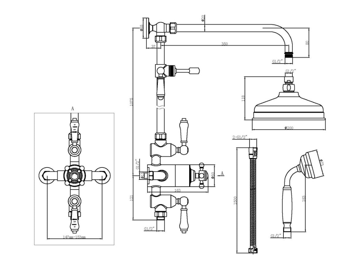 Traditional Thermostatic Shower Set Chrome Exposed 200mm Rainfall Brass WRAS