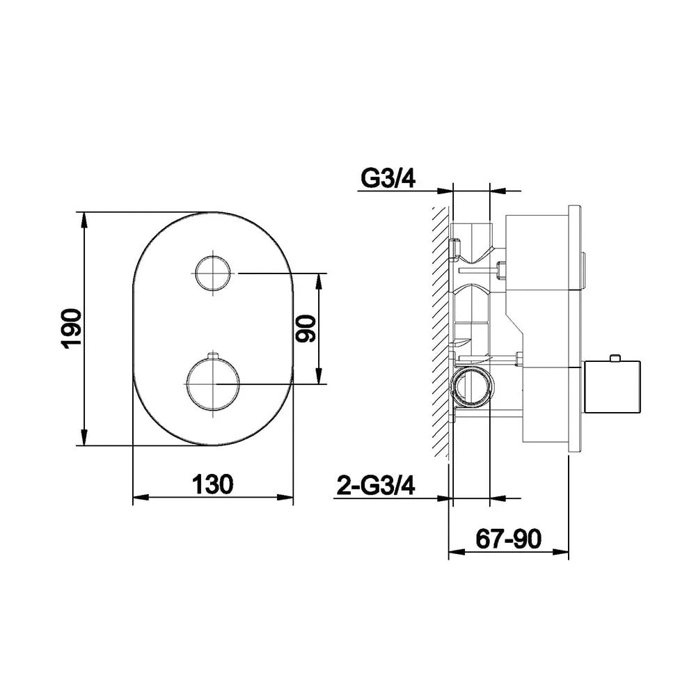 Concealed Thermostatic Shower Valve Chrome Push Button Single Outlet Brass WRAS