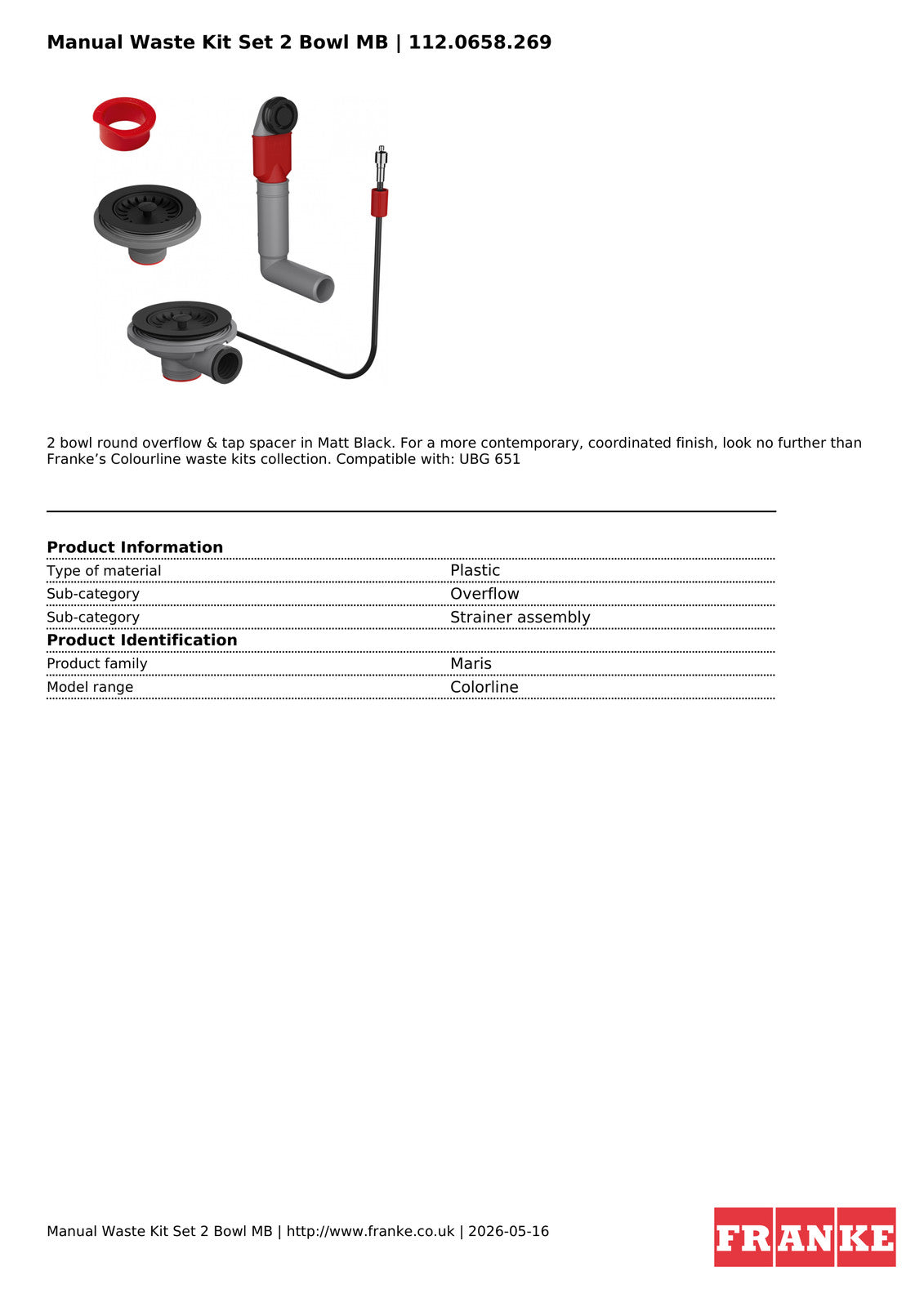 Franke Manual Waste Kit Set 2 Bowl Matt Black Sink Strainer Plug 112.0658.269 — view 3