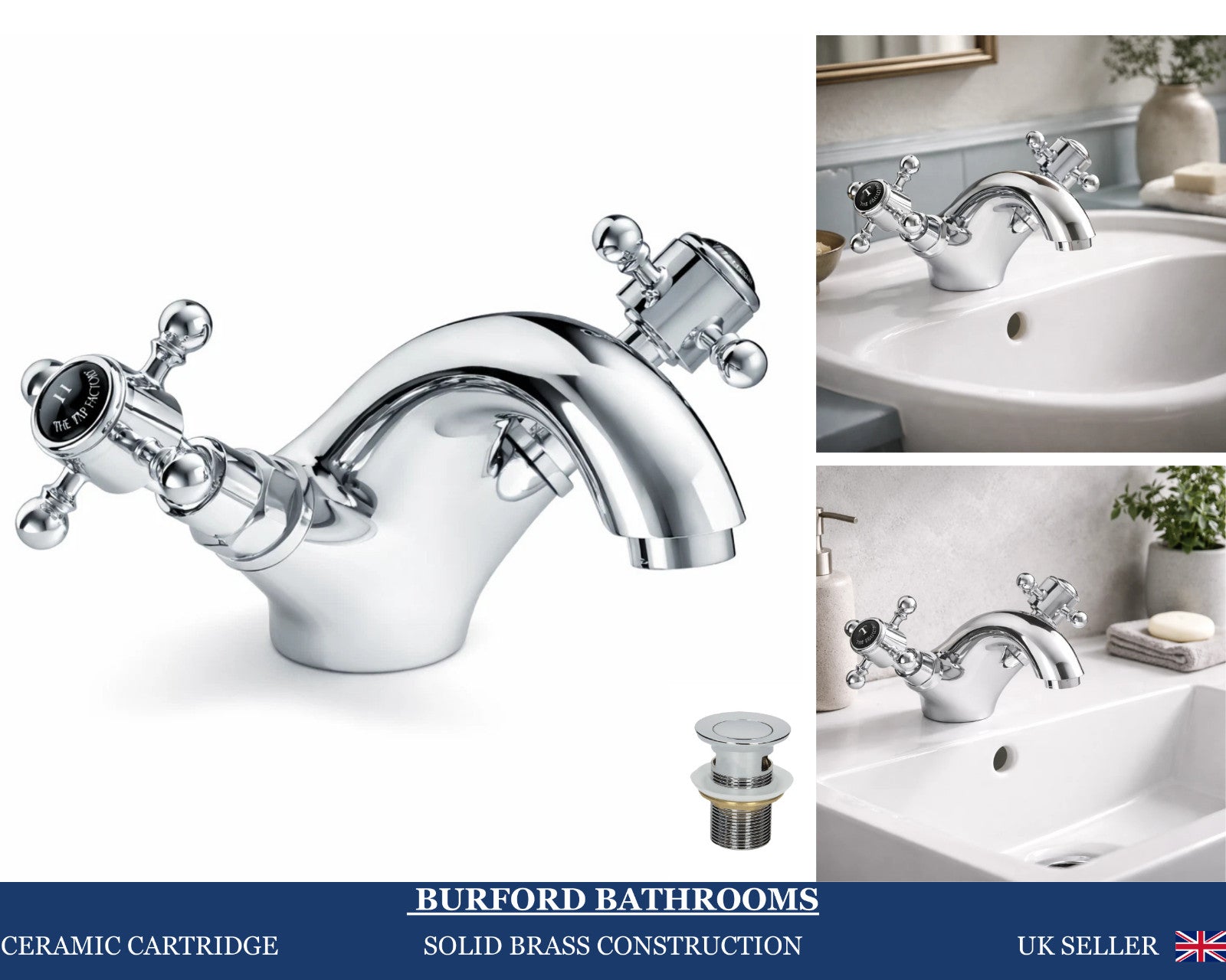 Traditional Twin Handle Basin Mixer Tap Chrome Inc Waste WRAS Brass
