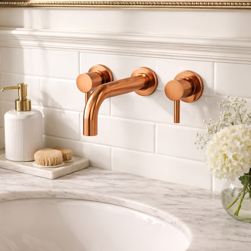 Wall Mounted Basin Mixer Tap Brushed Copper Dual Lever WRAS Bathroom Brass