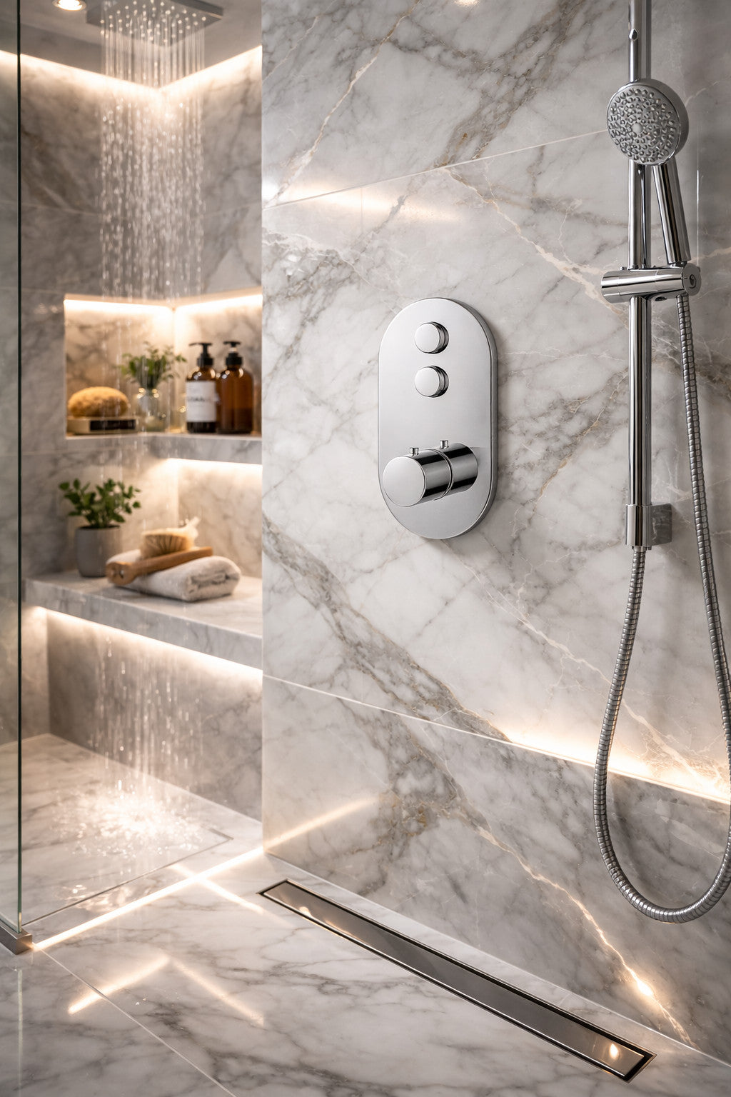 Concealed Thermostatic Shower Valve Chrome Push Button Twin Outlet Brass WRAS