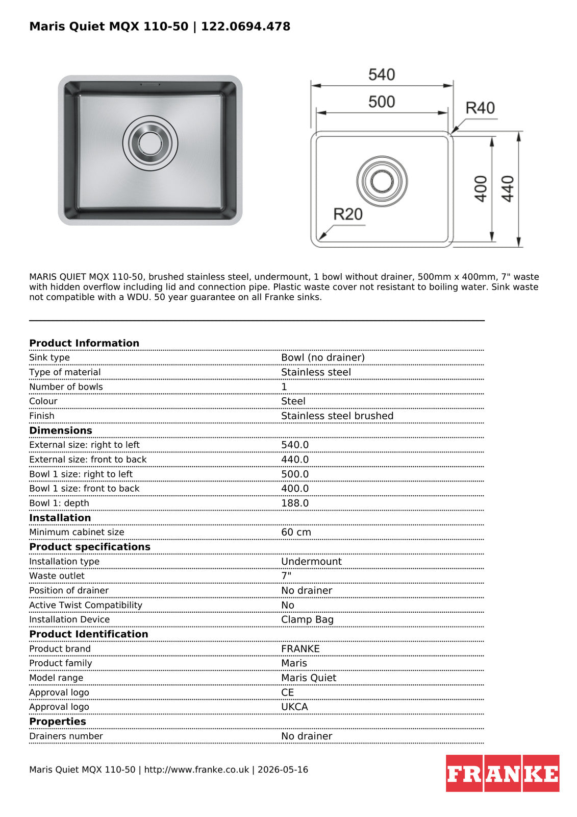 Franke Maris Quiet MQX 110-50 Undermount 1 Bowl Stainless Steel Sink — view 4