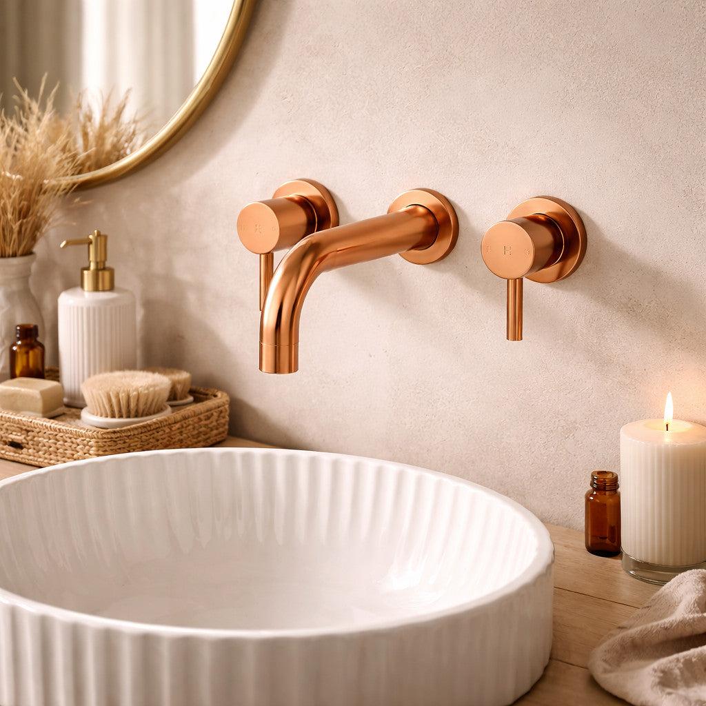 Wall Mounted Basin Mixer Tap Brushed Copper Dual Lever WRAS Bathroom Brass