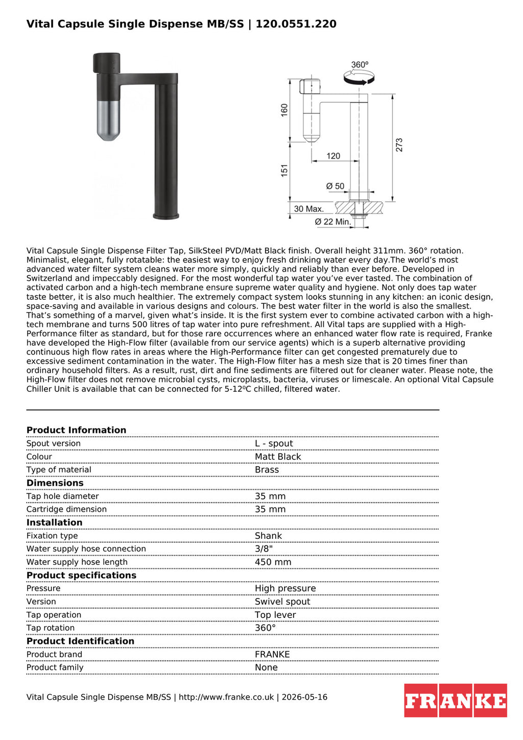 Franke Vital Capsule Filter Tap Matt Black Brass Kitchen Single Dispense — view 3