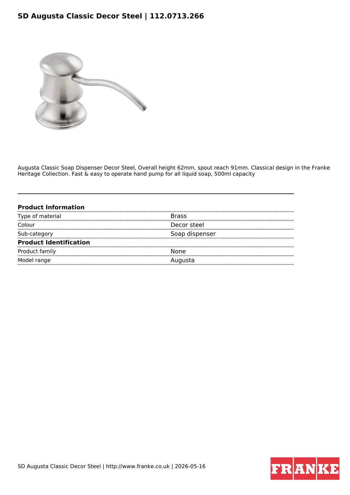 Franke Augusta Classic Soap Dispenser Decor Steel Brass Kitchen Sink — view 4