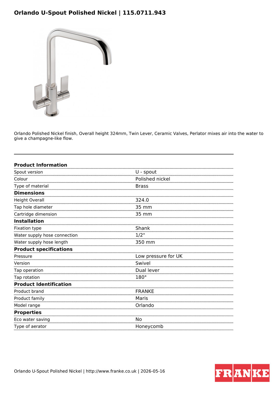 Franke Orlando Polished Nickel Dual Lever Kitchen Tap Brass U-Spout 324mm — view 3