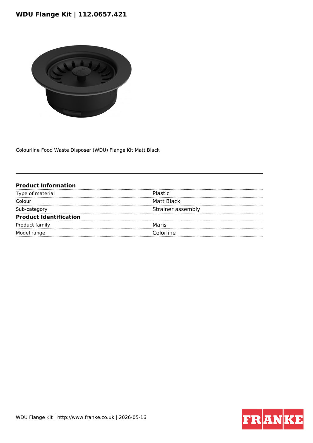 Franke WDU Flange Kit Matt Black Waste Disposal Unit Maris Colorline — view 3