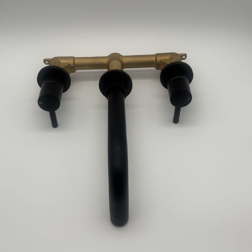 Wall Mounted Basin Mixer Tap Matt Black Dual Lever WRAS Bathroom Brass