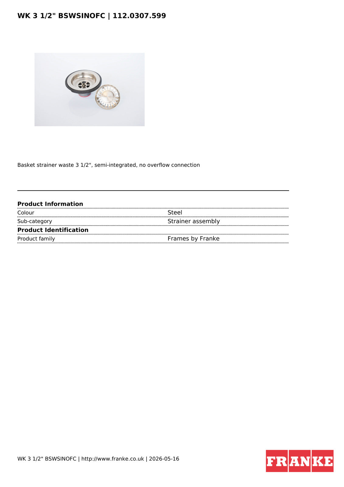 Franke 3.5 Inch Basket Strainer Waste No Overflow Stainless Steel Sink — view 3