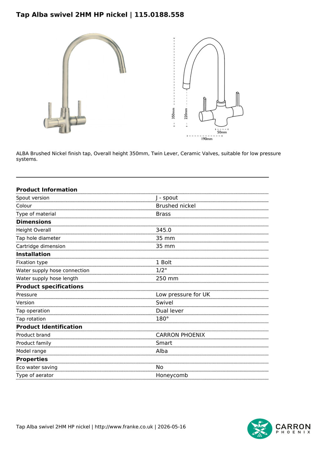 Carron Phoenix Alba Brushed Nickel Dual Lever Kitchen Tap Brass Swivel — view 4