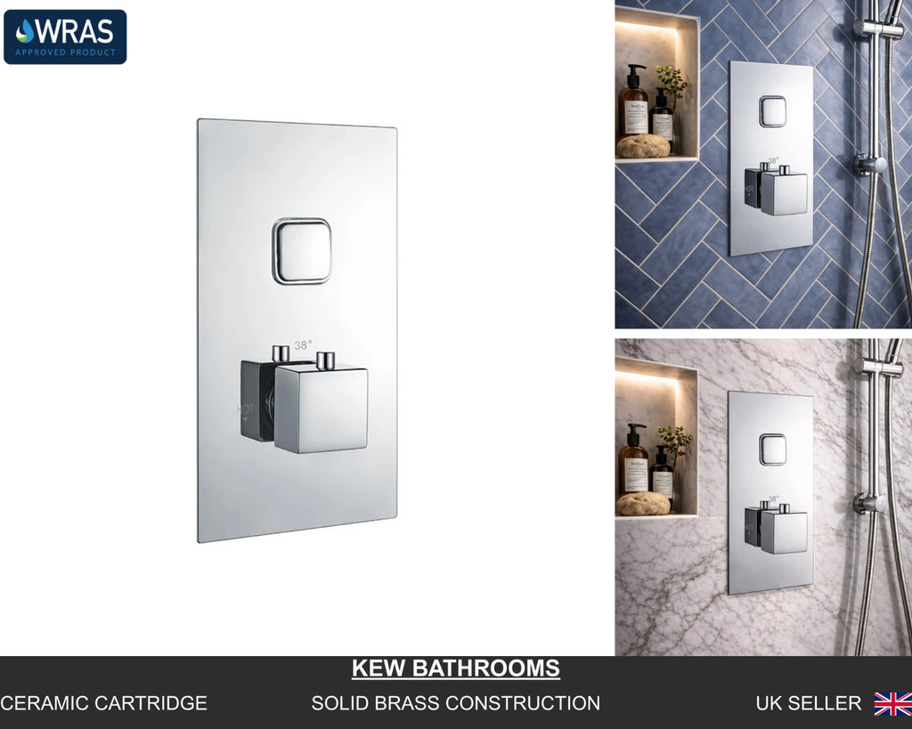 Square Concealed Thermostatic Shower Valve Chrome Push Button Single Outlet WRAS