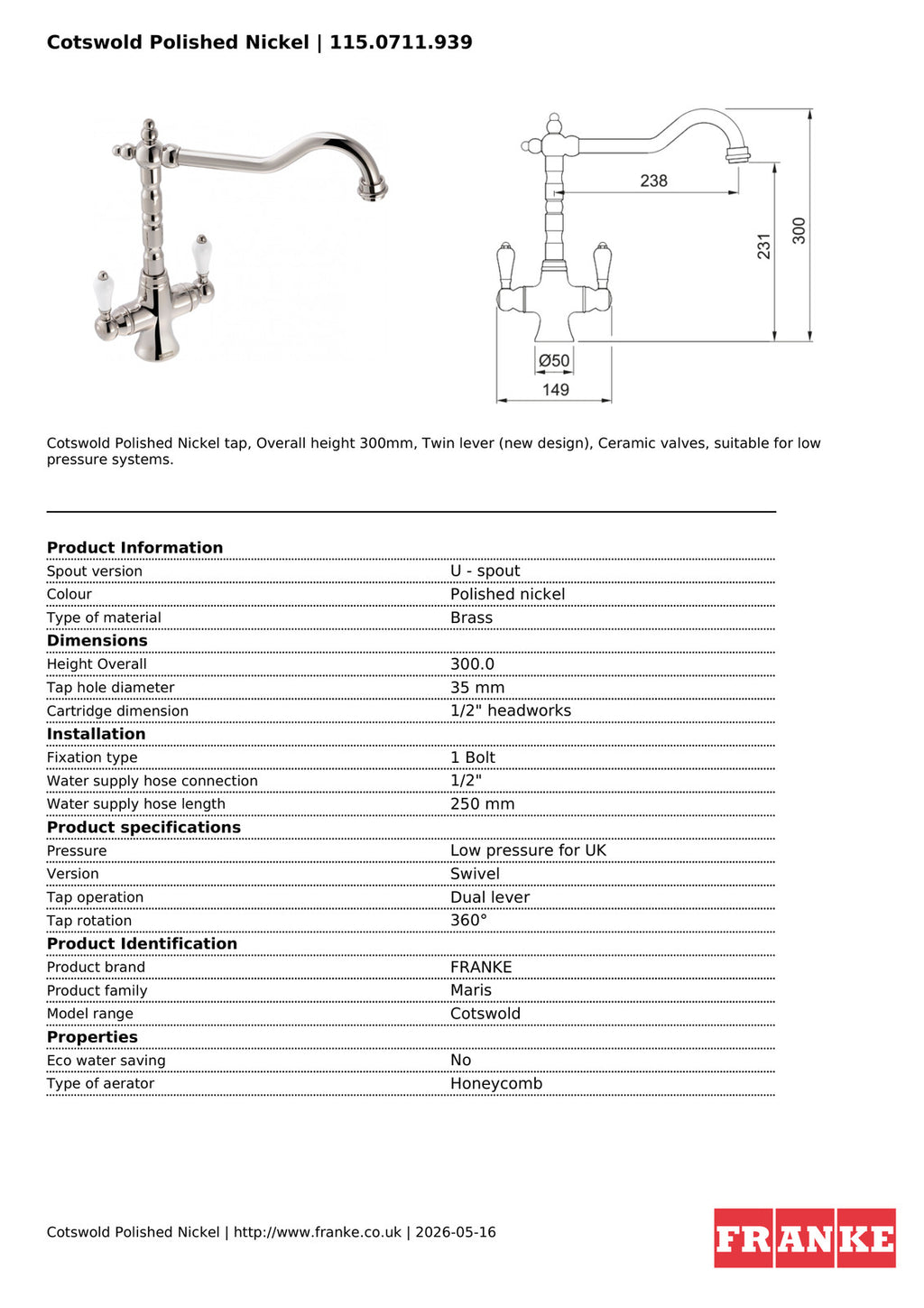 Franke Cotswold Polished Nickel Dual Lever Kitchen Tap Brass U-Spout 300mm — view 3